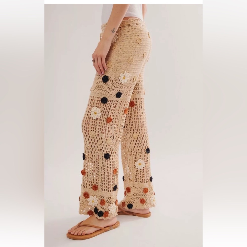 Free People Cactus Flower Crochet Pant Drawstring Natural Ivory Black Rust - Picture 4 of 7